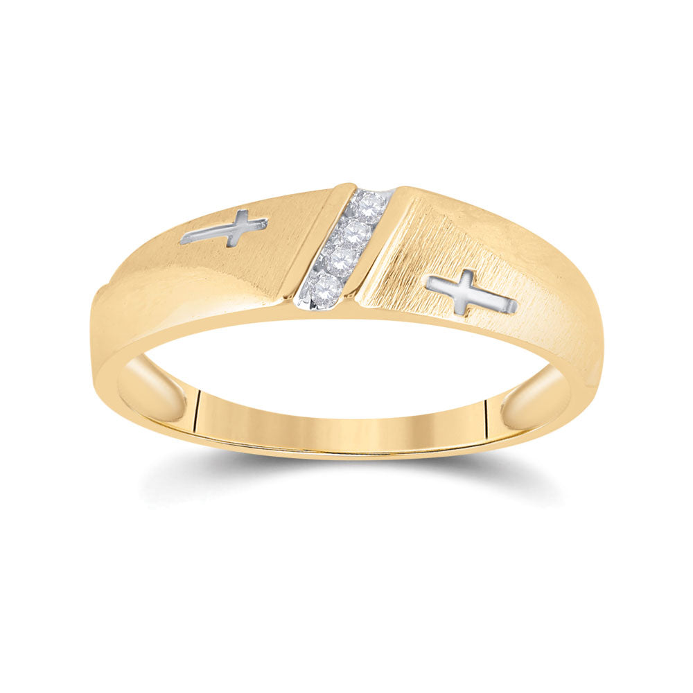 10K Yellow Gold Mens Round Diamond Single Row Cross Wedding Band 1/20 Cttw, Mens Size: 7-13