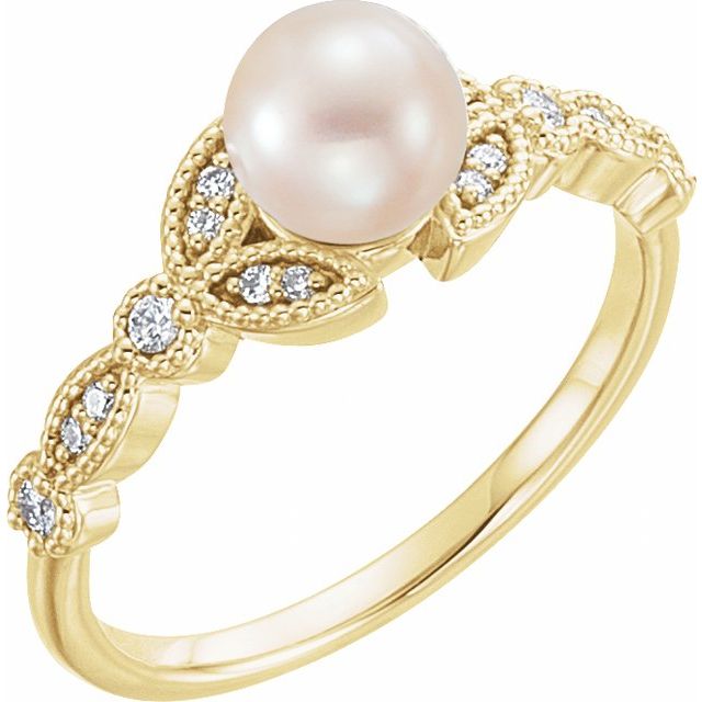 14K White Or Yellow Or Rose Gold 6.0-6.5 Mm Polished Cultured White Freshwater Pearl And 1/10 Ctw Natural Diamond Ring, Size 7