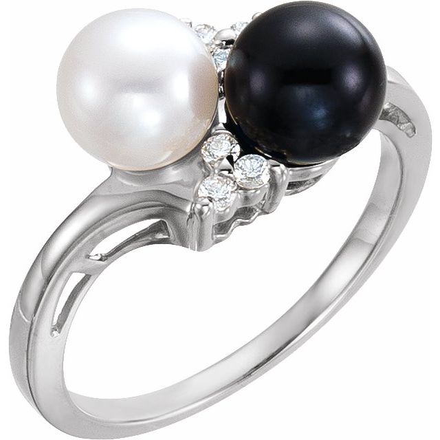 14K White Gold 6.5 Mm Polished Cultured Black And White Akoya Pearls And 1/10 Ctw Natural Diamond Ring, Size 7