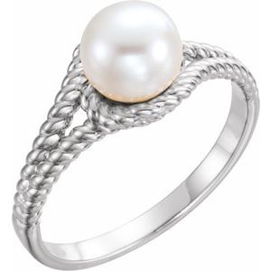 14K White Gold Cultured White Freshwater Pearl Pearl 7.0-7.5 Mm Polished Cultured White Freshwater Pearl Rope Ring Size 7