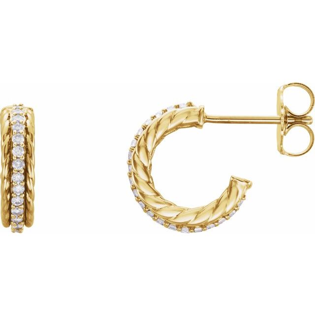 14K Yellow Gold 1 Mm Round Friction Back Polished 1/5 Ctw Natural Diamond Rope Hoop Earrings