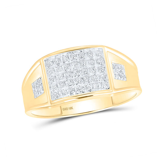 10K Yellow Gold Mens Round Prong-set Diamond Square Cluster Ring 1/4 Cttw, Mens Size: 7-13