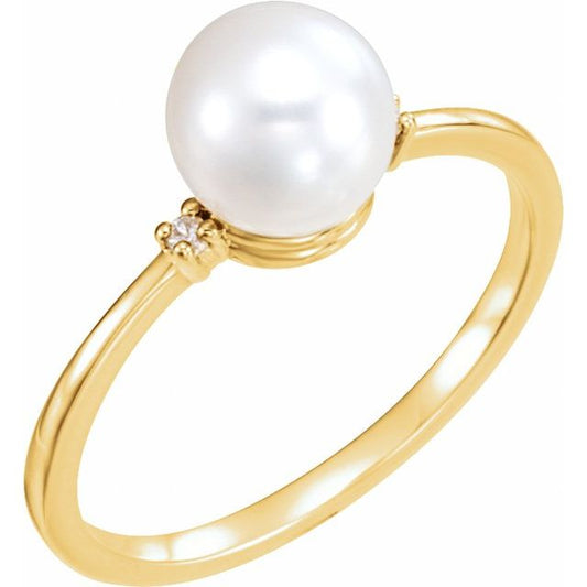 14K Yellow Gold 7 Mm Polished Cultured White Freshwater Pearl And .025 Ctw Natural Diamond Ring, Size 7