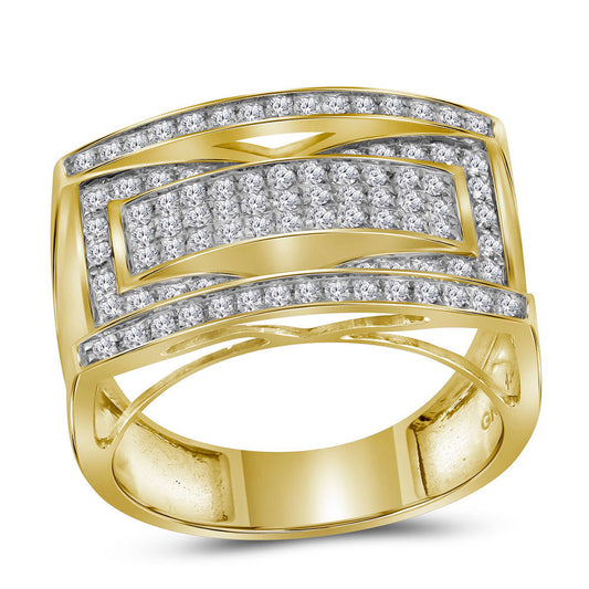 10K Yellow Gold Mens Round Pave-set Diamond Rectangle Cluster Ring 1 Cttw, Mens Size: 7-13