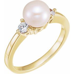 14K Yellow Gold  6 Mm Cultured White Akoya Pearl And 1/6 Ctw Natural Diamond Ring Size 6