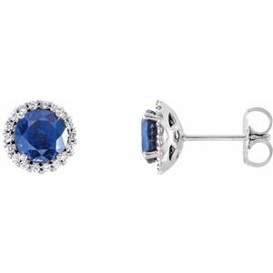 14K White Gold Round 6 Mm Natural Blue Sapphire And 1/8 Ctw Natural Diamond Earrings