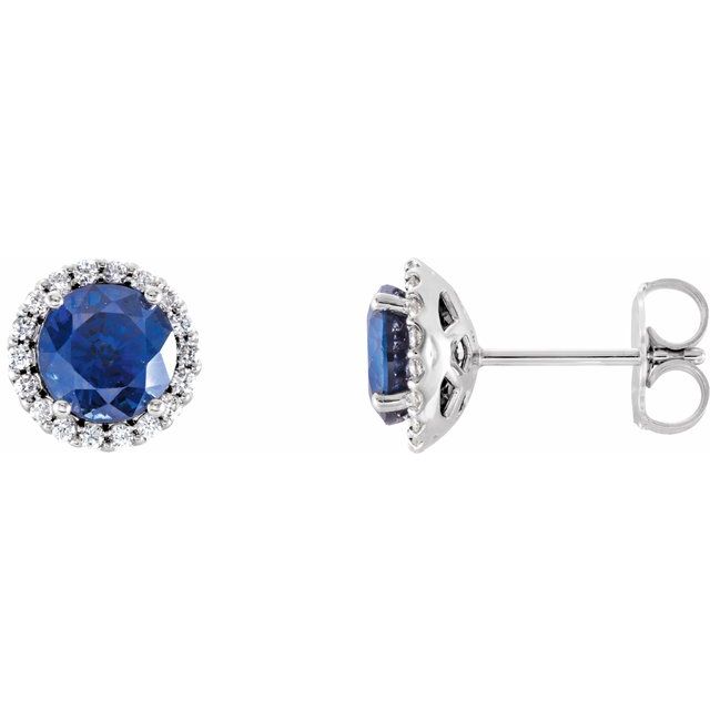 14K White Gold Round Friction Back Polished Lab-Grown Blue Sapphire And Natural Diamond Earrings