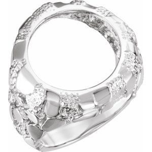 14K White Gold 17.9 Mm Tab Back Polished Nugget Coin Frame Bezel Ring Mounting Size 10