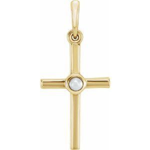 14K Yellow Gold Pearl 2 Mm Cultured White Freshwater Pearl Cross Pendant