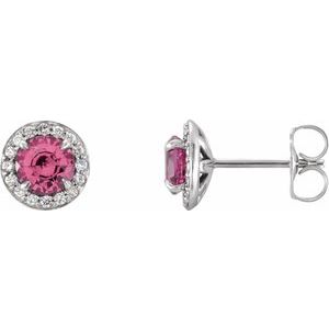 14K White Gold Round 4 Mm Natural Pink Tourmaline And 1/10 Ctw Natural Diamond Earrings