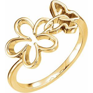 14K Yellow Gold Polished Floral And Butterfly Ring Size 7
