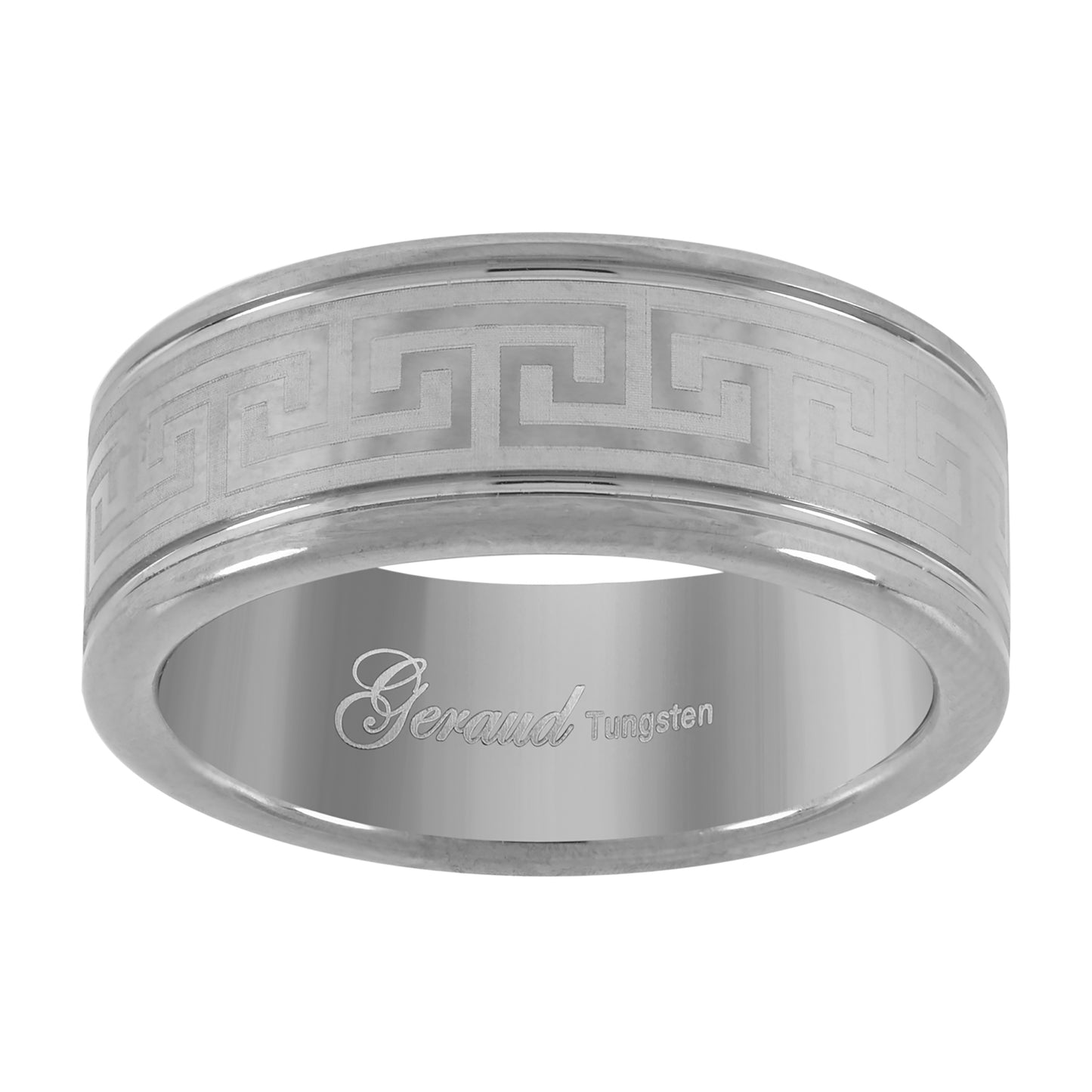 Tungsten Laser Engraved Greek key Design Mens Comfort-fit 8mm Sizes 7 - 14 Bridal Anniversary Engagement Wedding Band