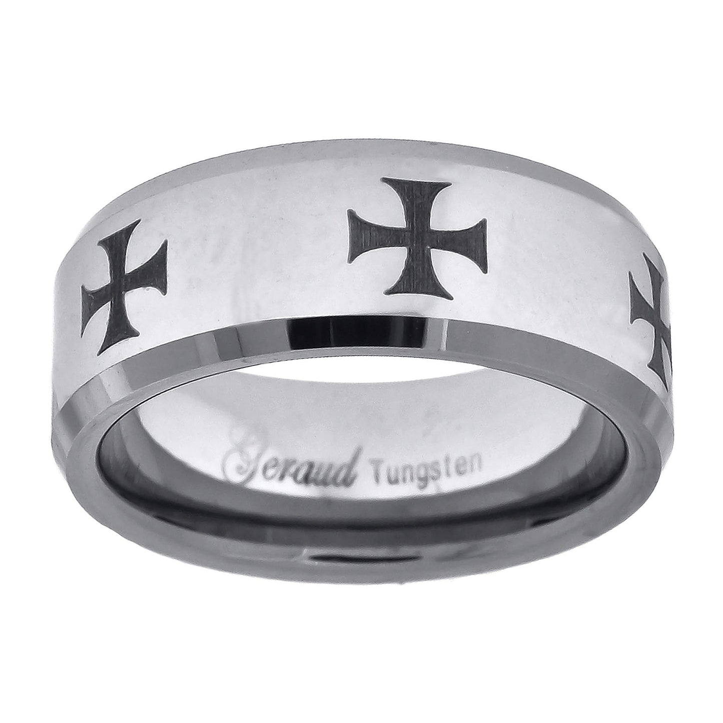 Tungsten Laser Engraved Black Knight Cross Beveled Edges Comfort-fit 8mm Sizes 7 - 14 Bridal Anniversary Engagement Wedding Band