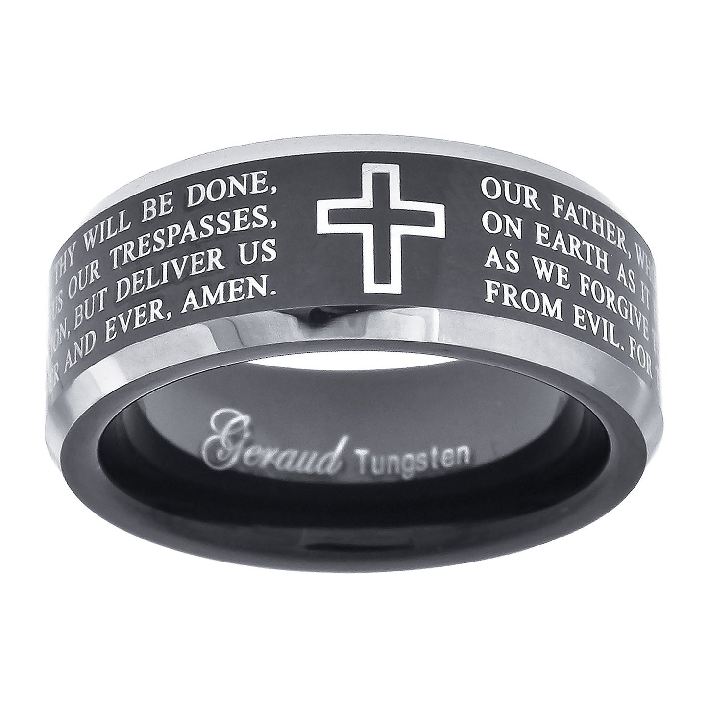 Tungsten Black Christian Cross with Prayer Beveled Edges Comfort-fit 8mm Sizes 7 - 14 Bridal Anniversary Engagement Wedding Band