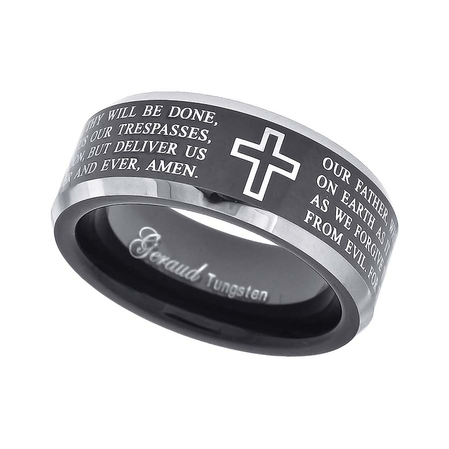 Tungsten Black Christian Cross with Prayer Beveled Edges Comfort-fit 8mm Sizes 7 - 14 Bridal Anniversary Engagement Wedding Band