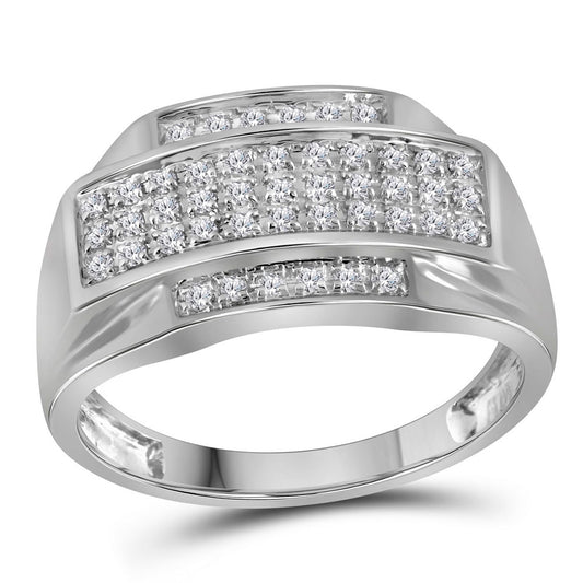 10K White Gold Mens Round Pave-set Diamond Rectangle Cluster Ring 1/3 Cttw, Mens Size: 7-13
