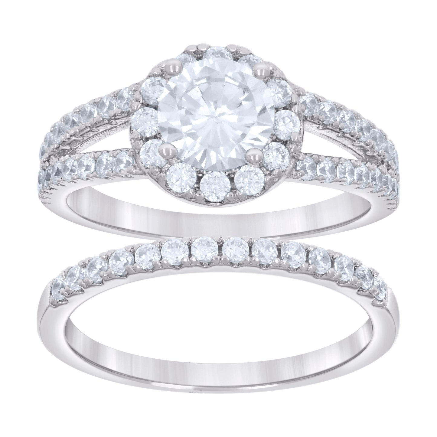 Sterling Silver Womens Cubic-Zirconia Halo Duo Bridal Anniversary Wedding Engagement Band Ring Set