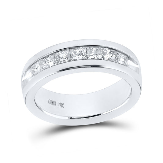14K White Gold Mens Princess Diamond Wedding Single Row Band Ring 1-1/2 Cttw, Mens Size: 7-13