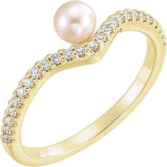 14K Yellow Gold 4.0-4.5 Mm Polished Cultured White Freshwater Pearl And 1/6 Ctw Natural Diamond Ring, Size 7