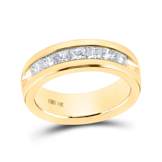 14K Yellow Gold Mens Princess Diamond Wedding Single Row Band Ring 1-1/2 Cttw, Mens Size: 7-13