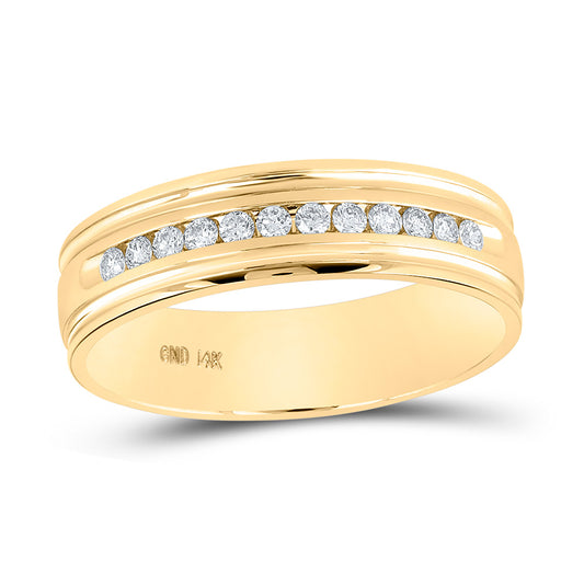 14K Yellow Gold Mens Round Channel-set Diamond Ridged Edge Wedding Band 1/4 Cttw, Mens Size: 7-13