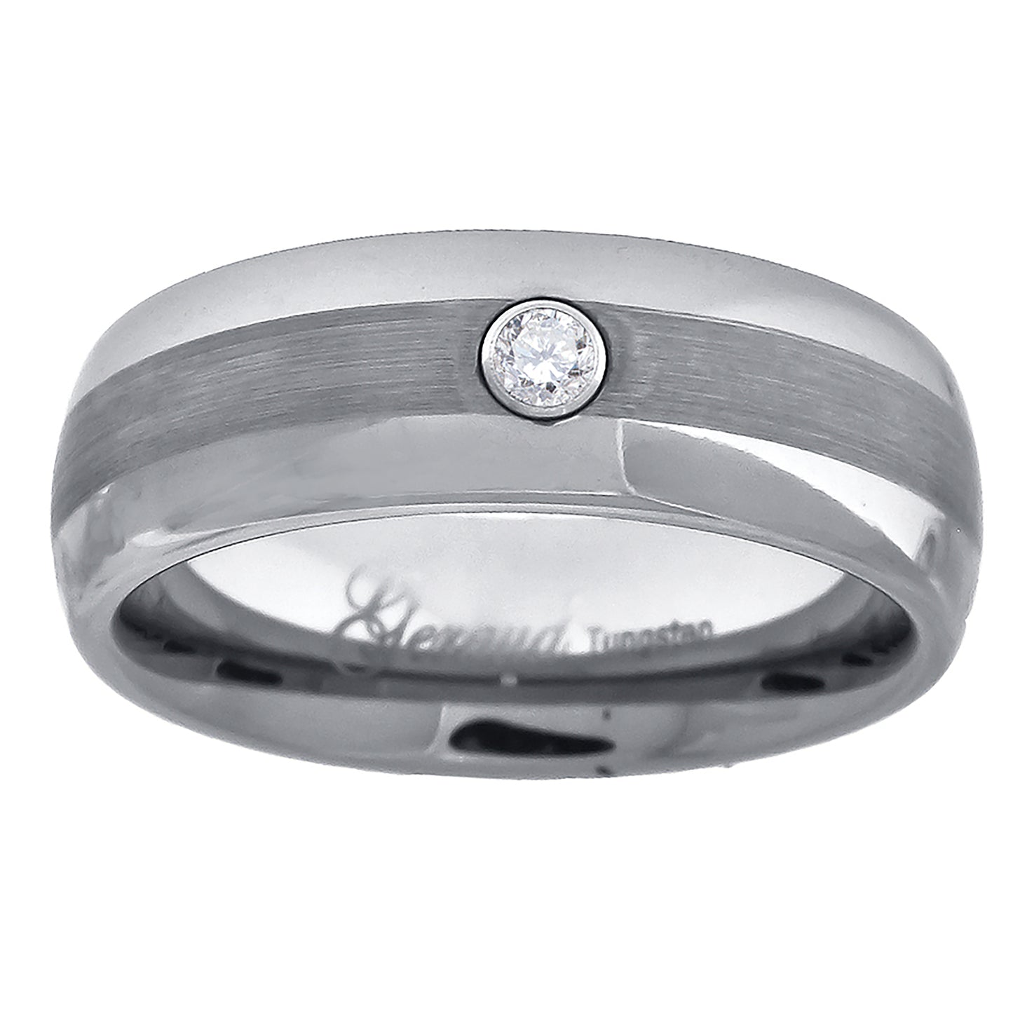 Tungsten Cubic Zirconia Center Brushed Dome Mens Comfort-fit 7mm Sizes 7 - 14 Bridal Anniversary Engagement Wedding Band