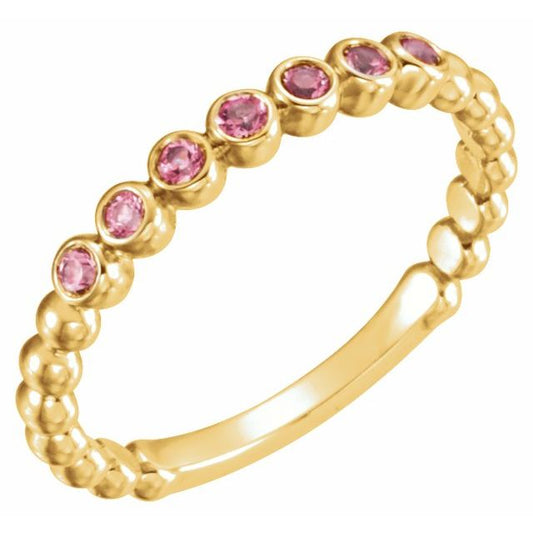 14K Yellow Gold Round 1.75 Mm Polished Natural Pink Tourmaline Stackable Ring, Size 7