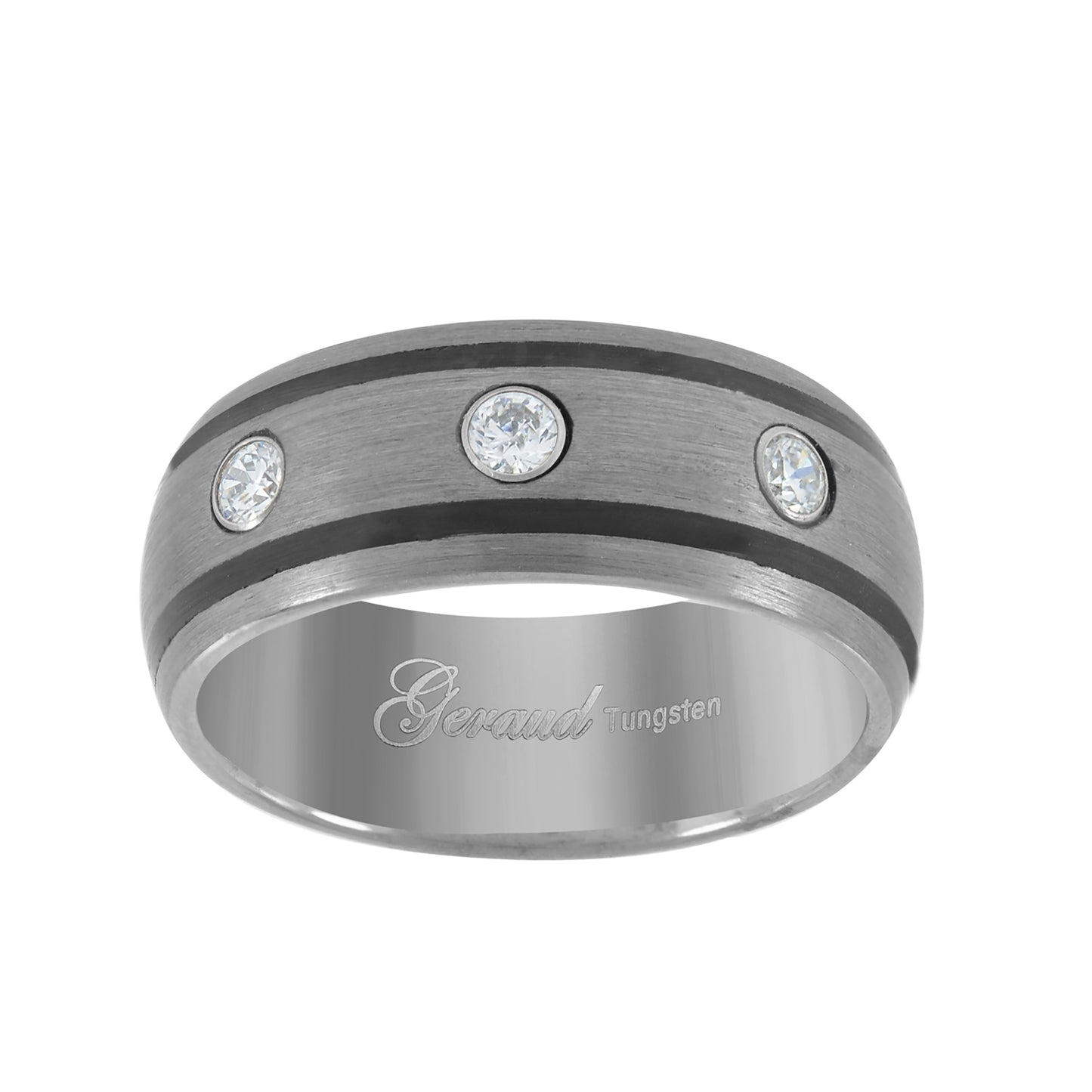 Tungsten Triple Cubic Zirconia Centered Comfort-fit 7mm Sizes 7 - 14 Bridal Anniversary Engagement Wedding Band with Two Black Lines on Edges