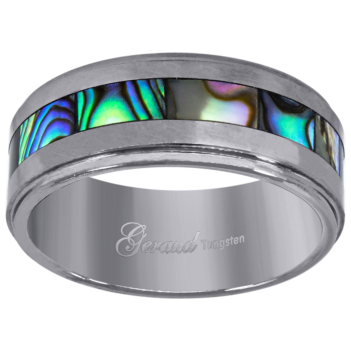 Tungsten Abalone Shell Center Inlay Step Edges Bridal Anniversary Engagement Wedding Band Mens Comfort-fit 8mm