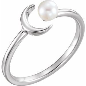 Sterling Silver 4.0-4.5 Mm Polished Cultured White Freshwater Pearl Crescent Moon Ring Size 7
