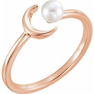 14K Rose Gold  4.0-4.5 Mm Polished Cultured White Freshwater Pearl Crescent Moon Ring Size 7