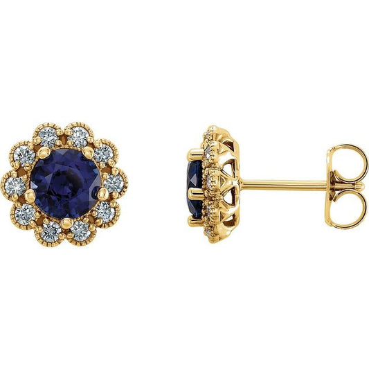 14K Yellow Gold 5 Mm Round Friction Back Polished Lab-Grown Blue Sapphire And 1/4 Ctw Natural Diamond Earrings