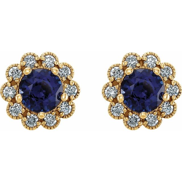 14K Yellow Gold 5 Mm Round Friction Back Polished Lab-Grown Blue Sapphire And 1/4 Ctw Natural Diamond Earrings