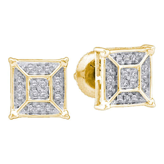 10K Yellow Gold Womens Round Diamond Square Geomteric Cluster Earrings 1/10 Cttw