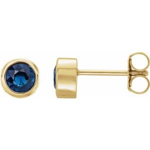 14K Yellow Gold Round Shape 4 Mm Natural Blue Sapphire Bezel Earrings With Backs