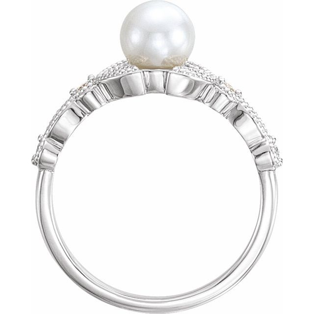 14K White Or Yellow Or Rose Gold 6.0-6.5 Mm Polished Cultured White Freshwater Pearl And 1/10 Ctw Natural Diamond Ring, Size 7