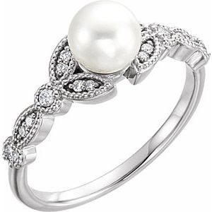 Sterling Silver Cultured White Freshwater Pearl & 1/10 CTW Natural Diamond Leaf Ring Size 7