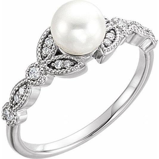 14K White Or Yellow Or Rose Gold 6.0-6.5 Mm Polished Cultured White Freshwater Pearl And 1/10 Ctw Natural Diamond Ring, Size 7