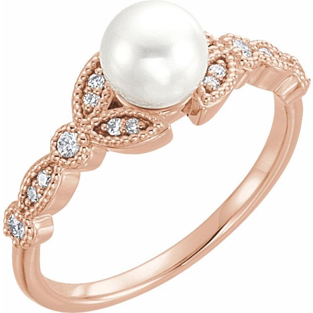 14K White Or Yellow Or Rose Gold 6.0-6.5 Mm Polished Cultured White Freshwater Pearl And 1/10 Ctw Natural Diamond Ring, Size 7
