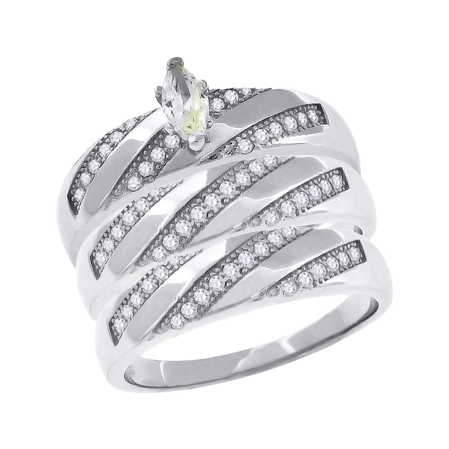 Sterling Silver Cubic-Zirconia Marquise Head Trio Bridal Anniversary Wedding Engagement Band Ring Set