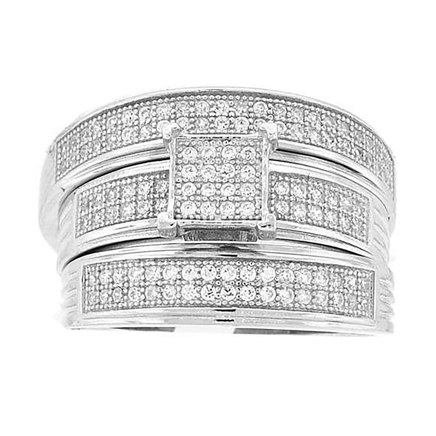 Sterling Silver Cubic-Zirconia Square Head Trio Bridal Anniversary Wedding Engagement Band Ring Set