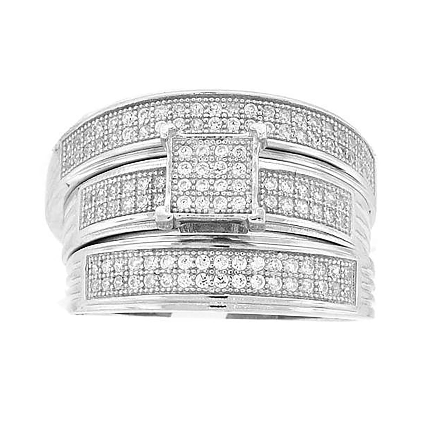 Sterling Silver Cubic-Zirconia Square Head Trio Bridal Anniversary Wedding Engagement Band Ring Set