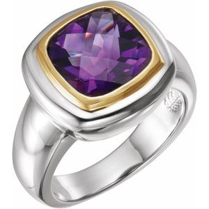 14K White/Yellow Gold Natural Amethyst Cushion 10 X 10 Mm Polished Checkerboard Ring Size 7