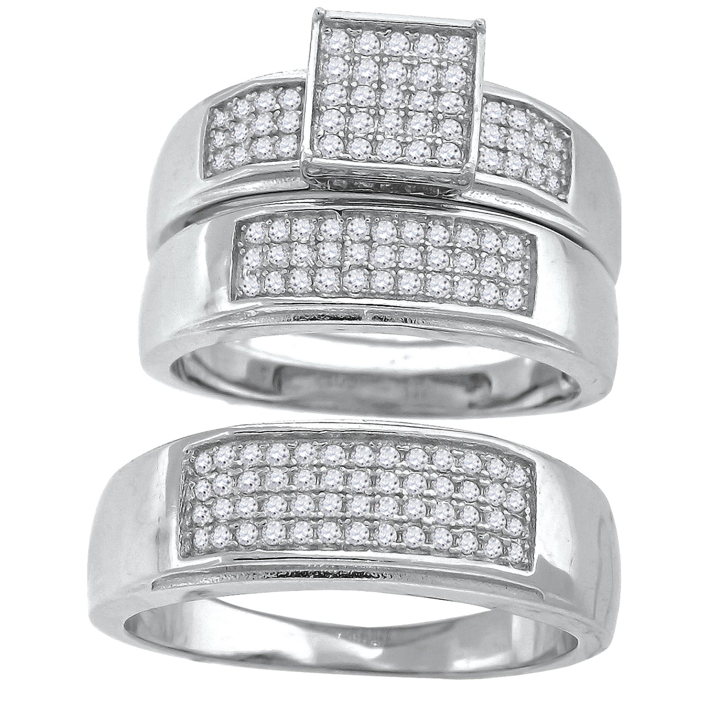 Sterling Silver Cubic-Zirconia Square Head Trio Bridal Anniversary Wedding Engagement Band Ring Set