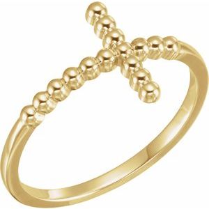 14K Yellow Gold Polished Beaded Sideways Cross Ring Size 7