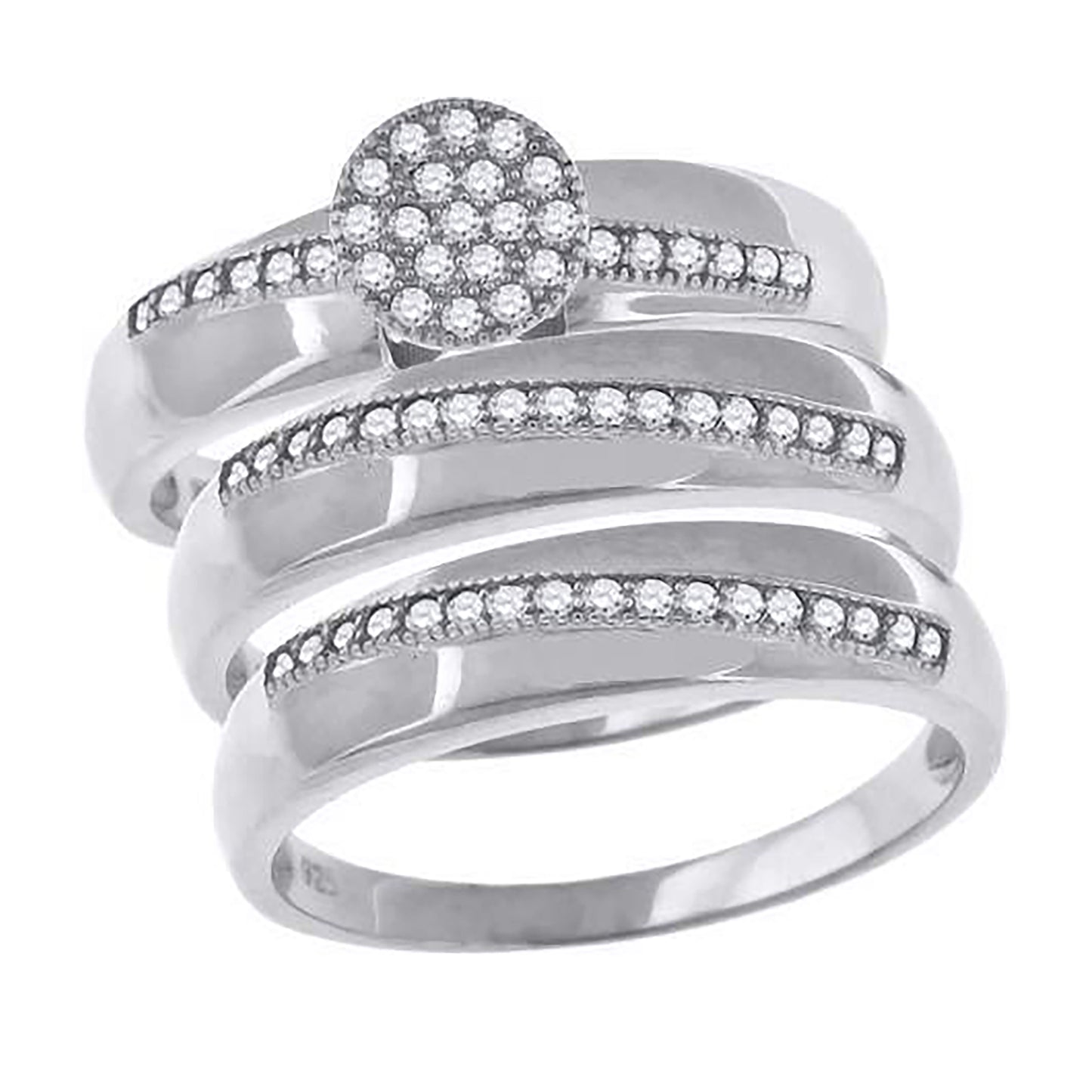 Sterling Silver Cubic-Zirconia Round Head Trio Bridal Anniversary Wedding Engagement Band Ring Set