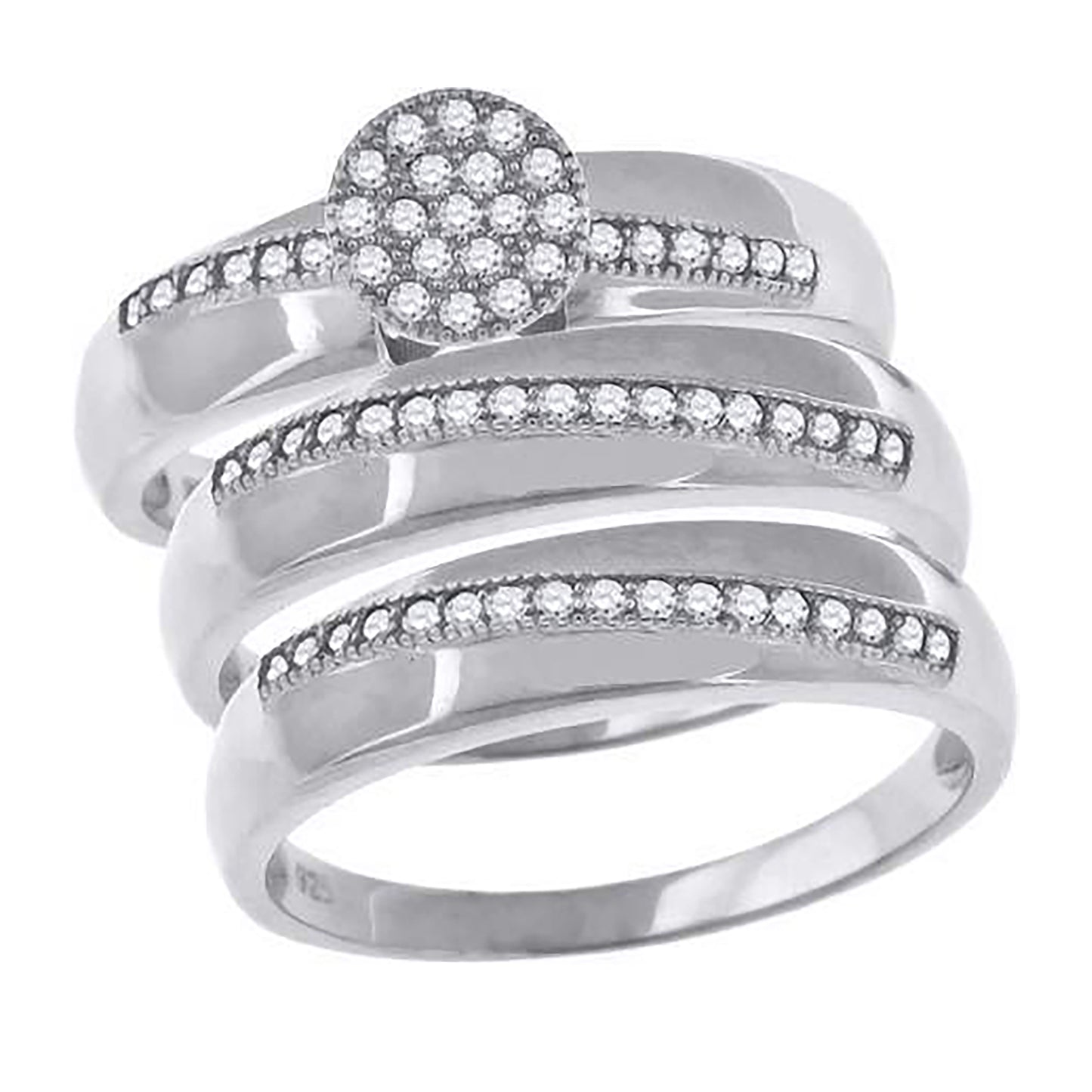 Sterling Silver Cubic-Zirconia Round Head Trio Bridal Anniversary Wedding Engagement Band Ring Set
