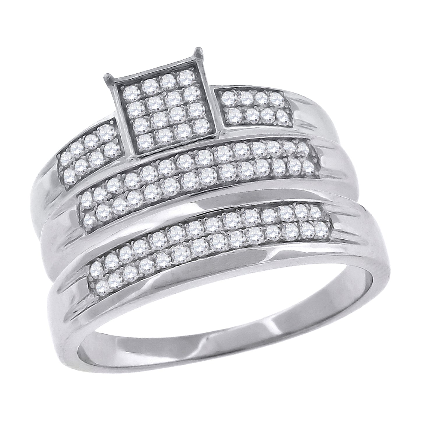 Sterling Silver Cubic-Zirconia Square Head Trio Bridal Anniversary Wedding Engagement Band Ring Set