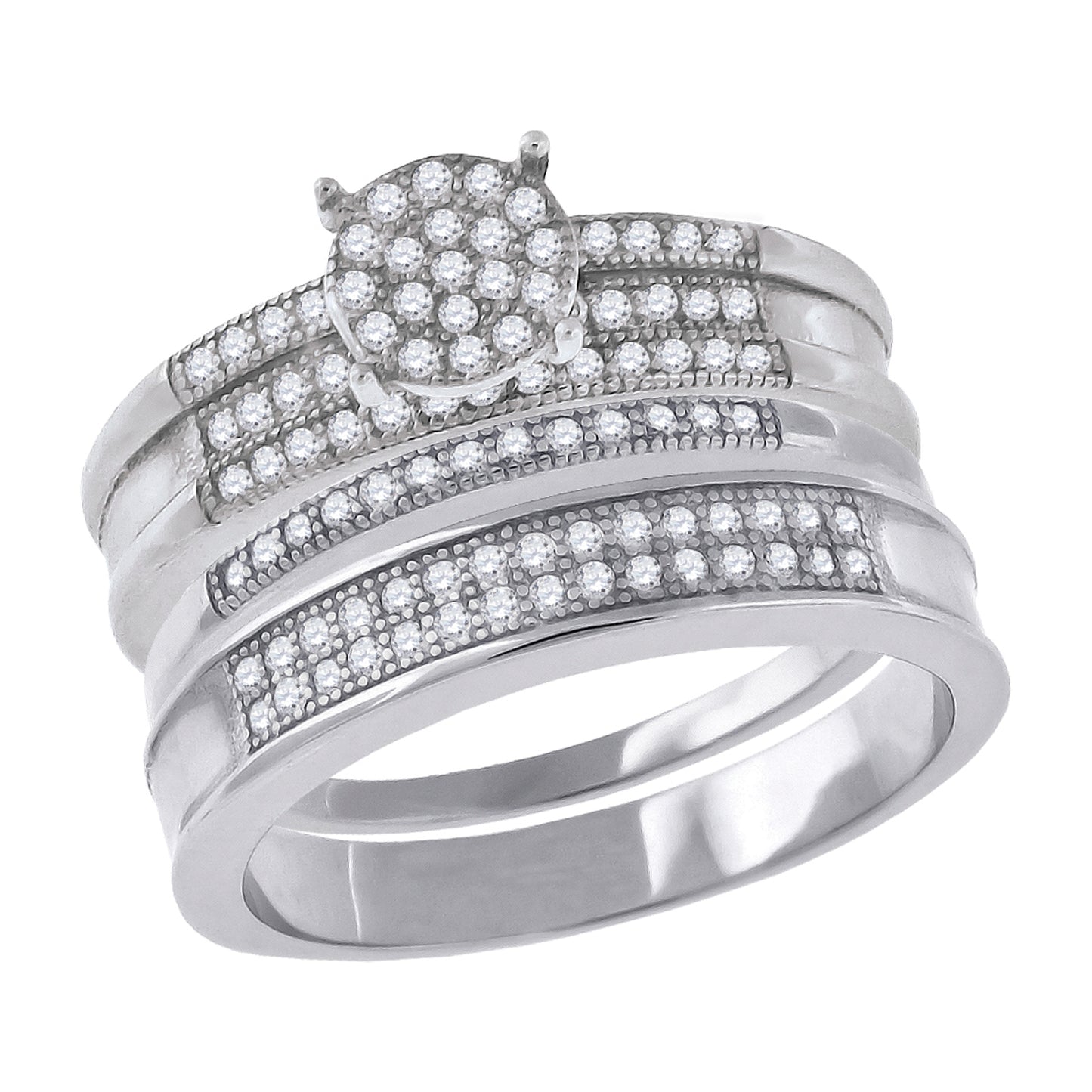 Sterling Silver Cubic-Zirconia Trio Bridal Anniversary Wedding Engagement Band Ring Set