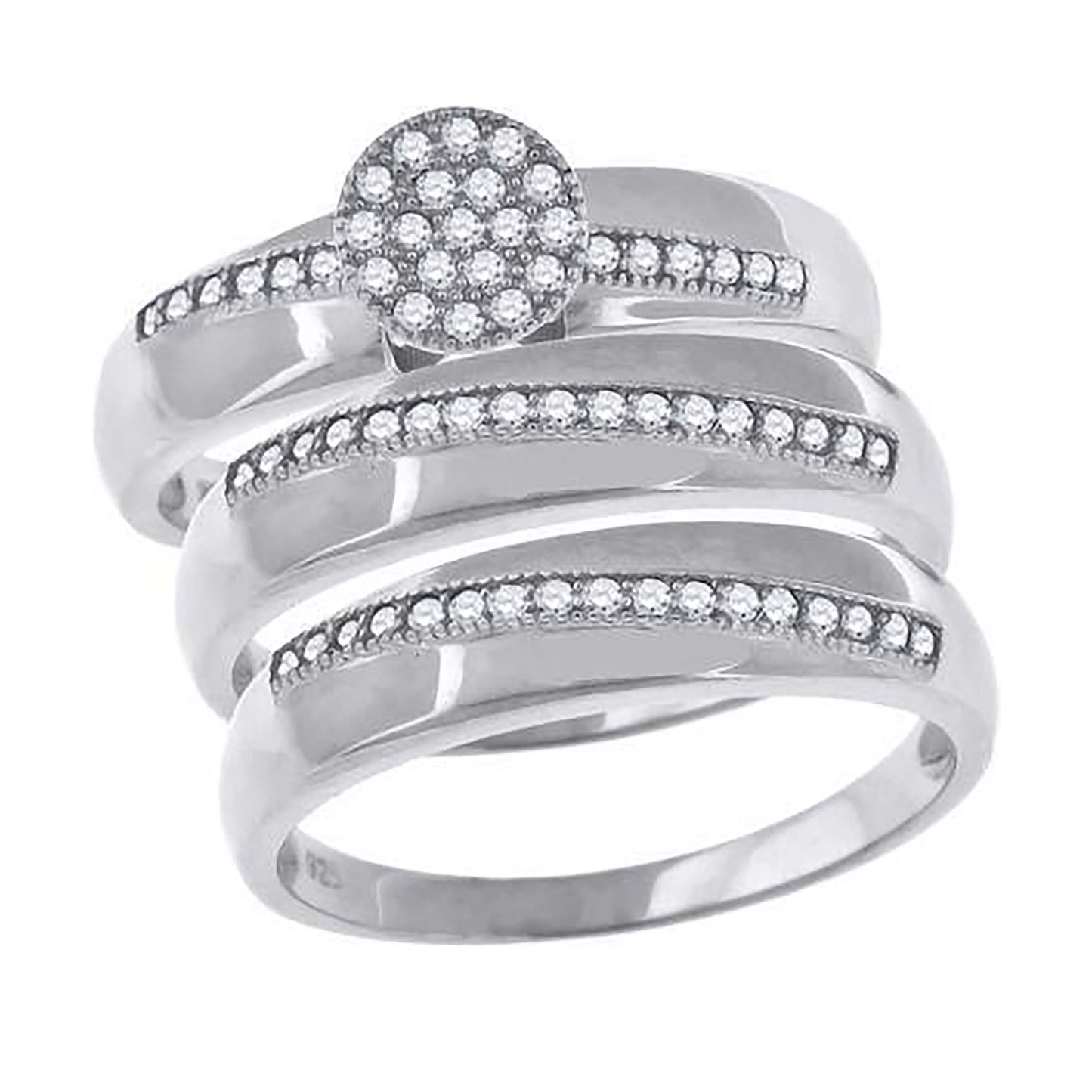 Sterling Silver Cubic-Zirconia Round Head Trio Bridal Anniversary Wedding Engagement Band Ring Set